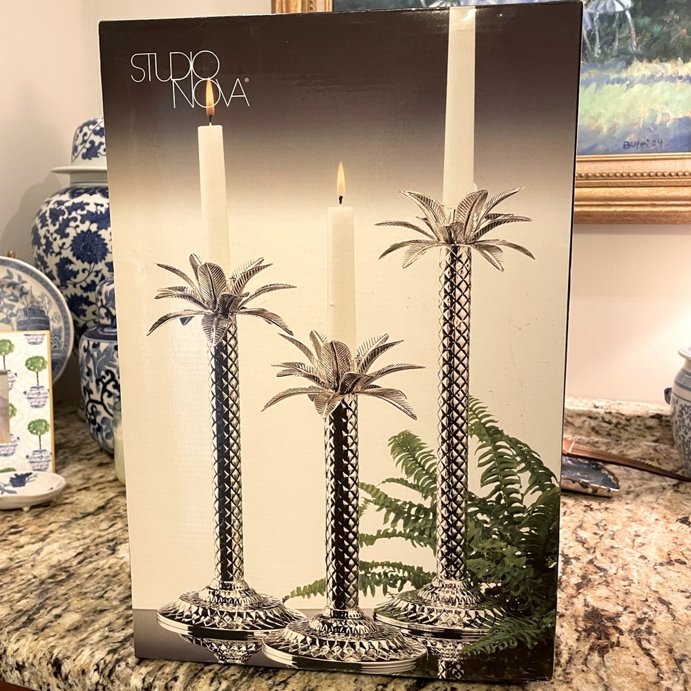 Mikasa Studio Nova Set of 3 Silver-plate palm tree candleholders NIB
